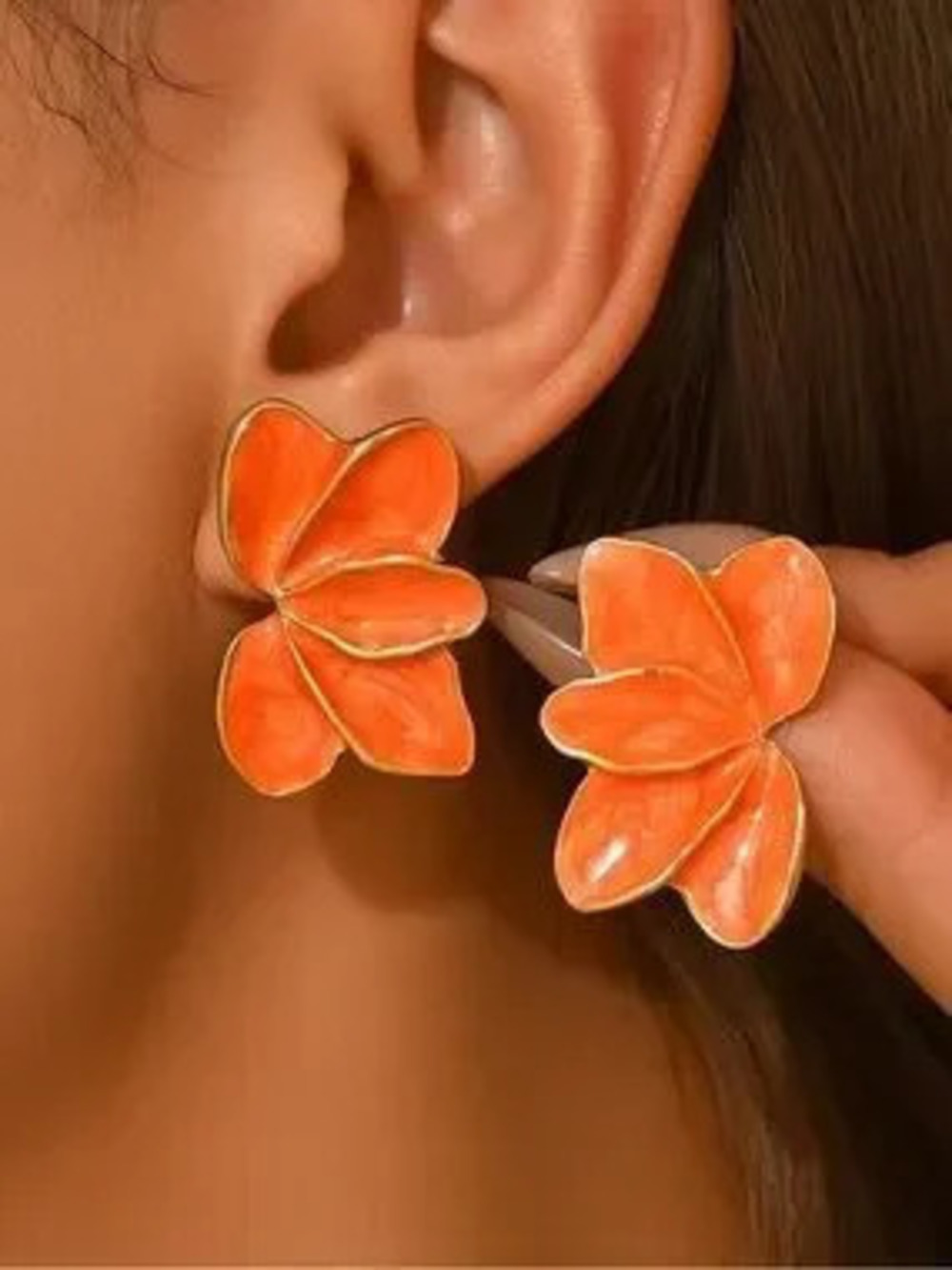 Anthropologie Orange Enamel Floral Petal Stud Earrings
